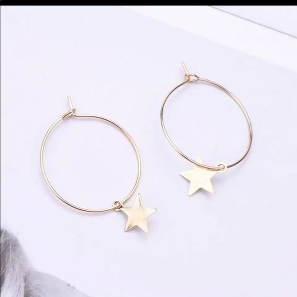 Earrings Silver Dangling Star on Hoops - Picture 5 of 7